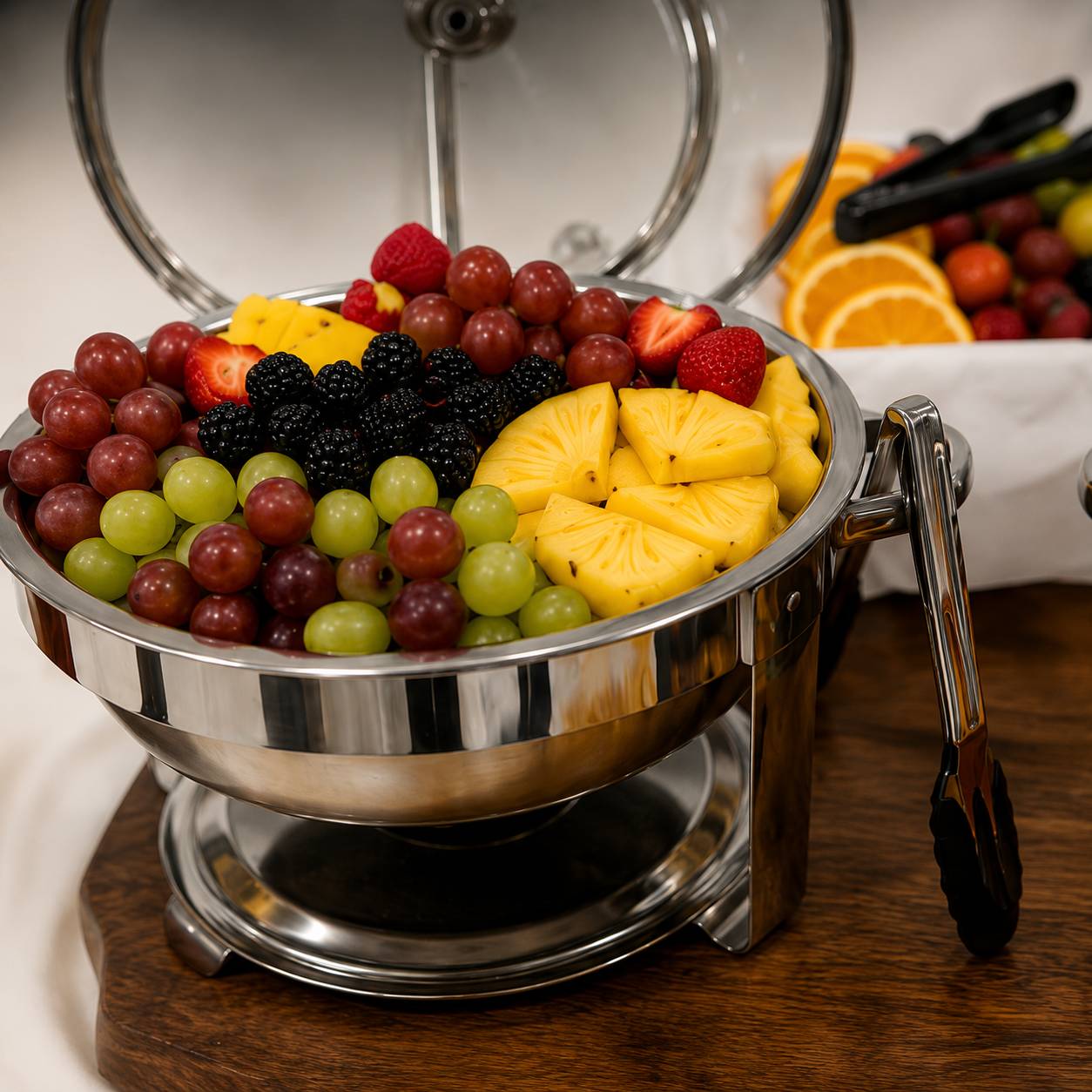 Colorful fresh fruit presented in a polished buffet serving dish