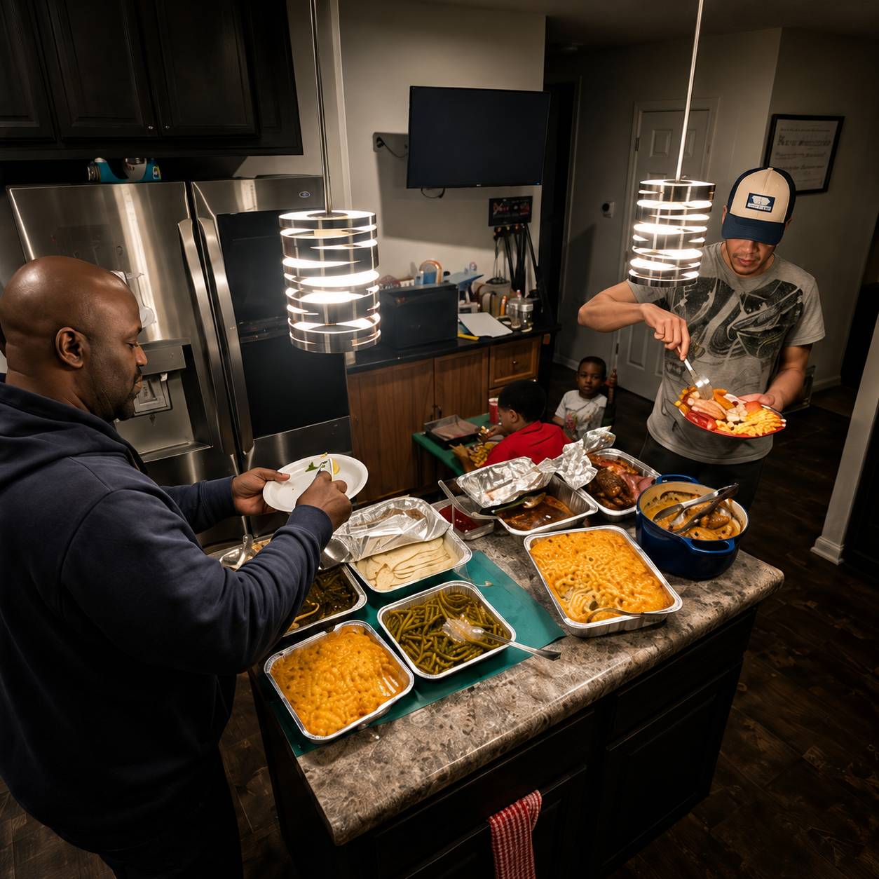 Guests gathering around a homestyle buffet