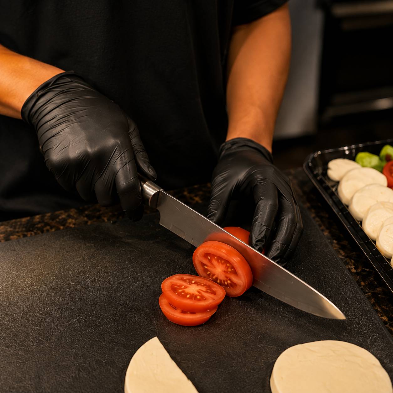 Fresh tomatoes being sliced during meal preparation